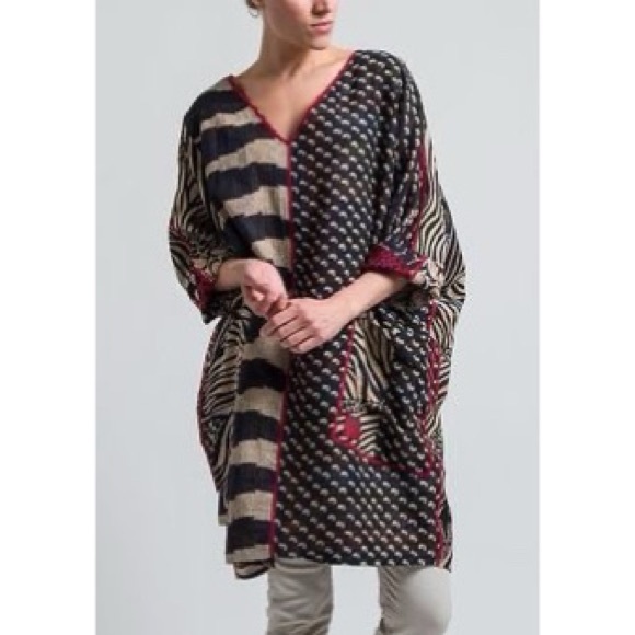 Mieko Black Red Embroidered Stitched Reversible Kaftan Sz M Wearable Art Boho
